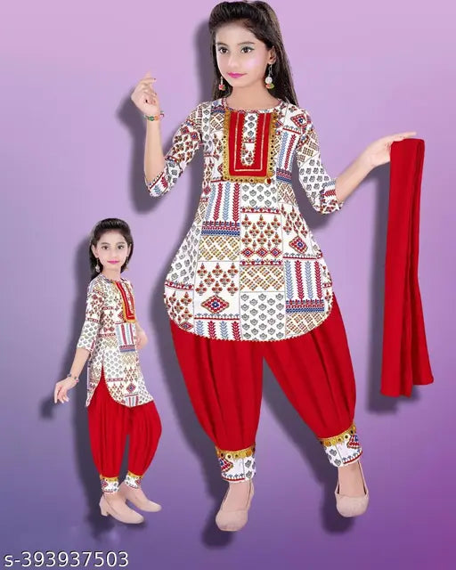 Baby Girl Cotton Blend Printed Kurta and Patiala Salwar set, with dupatta - Indian children's clothing for 2-3 to 9-10 years