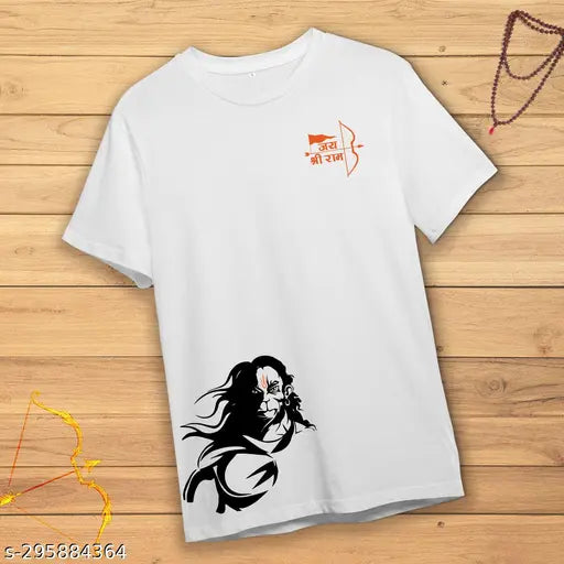 Cotton religious print T-shirt featuring Lord Rama & Hanuman design, size S-XXL for men, expressing spiritual connection & devotion