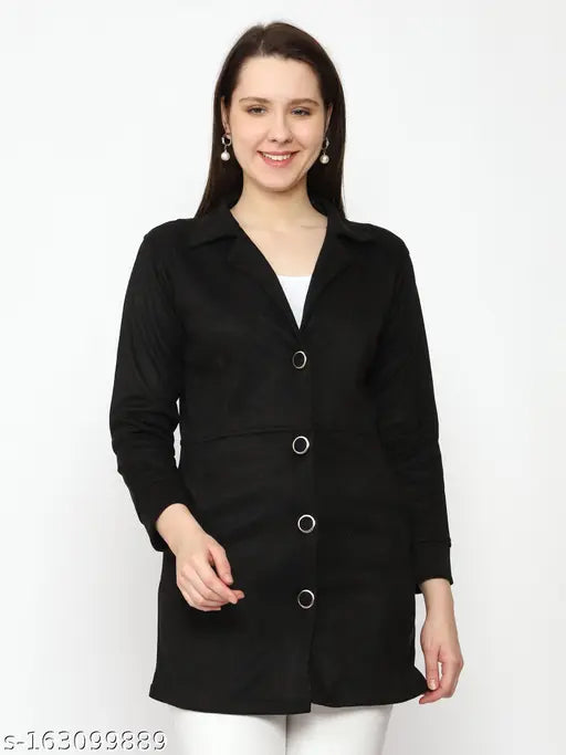 Black long-sleeve button-up coat with a pointed collar and white inner lining