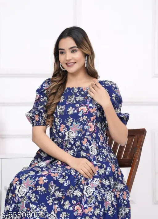 Rayon printed trendy dress, short sleeves, available in multiple sizes (S-XXXL), made in India