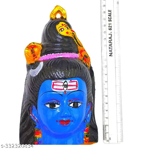 Painted wooden statue of a Hindu deity, colorful, 8 inches tall, hanging face design