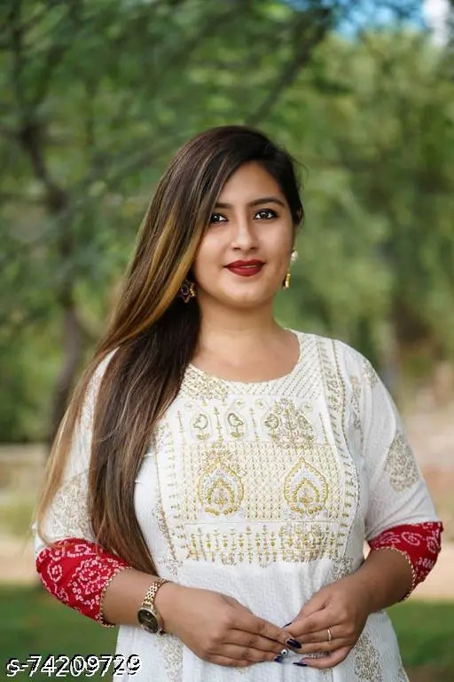 Rayon slub ankle Kurti, printed combo umbrella style with embroidery. Three-quarter sleeves, available in XS to 6XL sizes (38in - 52in bust). Made in India