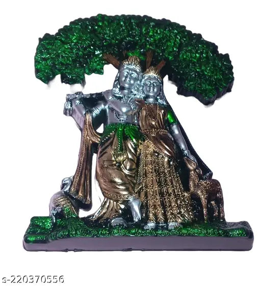 Handcrafted metal art piece depicting Hindu deity Radha and Krishna with a tree of life background, spiritual home decor