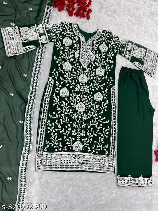 Green georgette embroidered top with palazzo suit and dupatta, Indian designer heavy chine stitch work