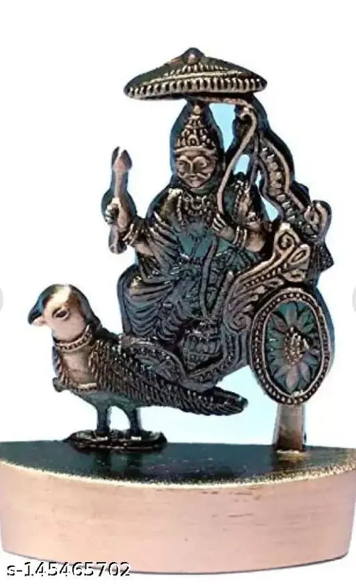 Black metal Shani Dev idol 1, Indian god statue on wooden stand