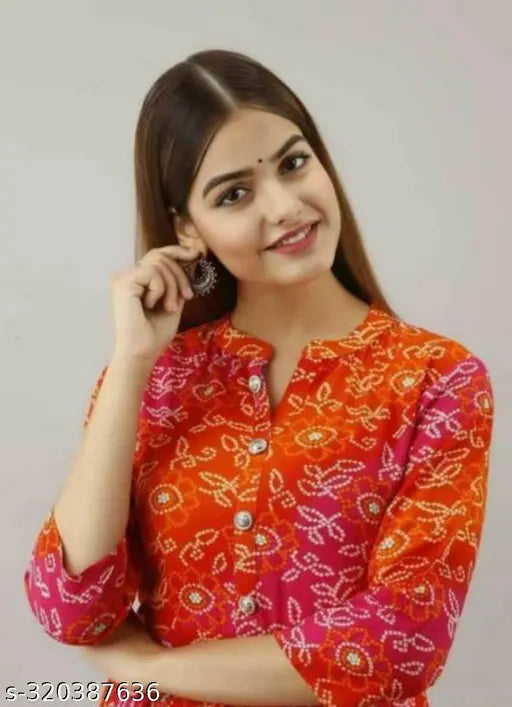 Rayon printed umbrella women's kurti with three-quarter sleeves, stylish accessory from India