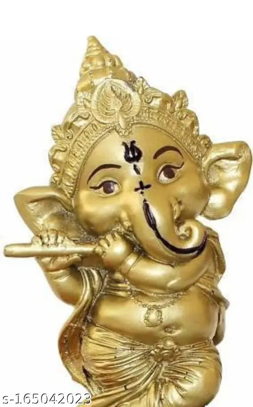 Golden polyresin Ganesh idol playing bansuri, Lord Ganesha figurine for home decor, 3x3x6 inches, made by PARTH