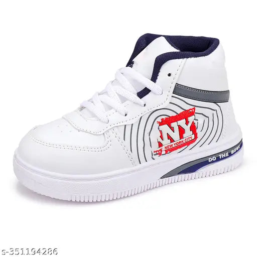 White gym walking shoes with lace-up front, blue New York label