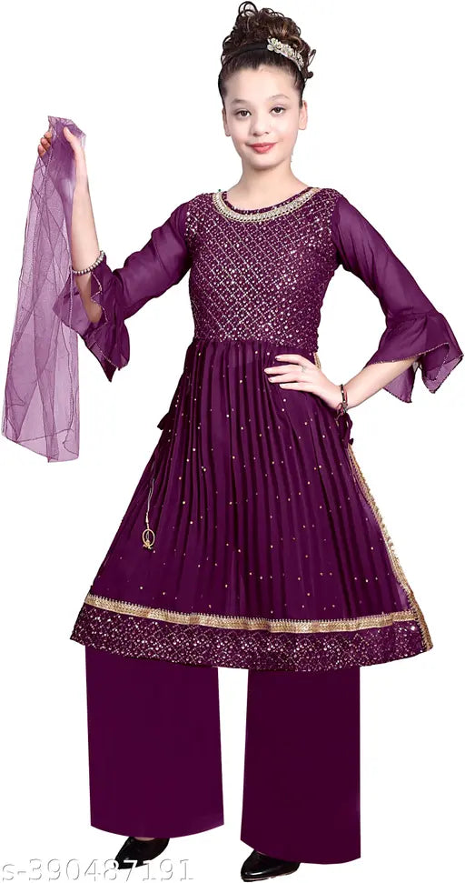 Purple Georgette Nayra Cut Sharara Style Kurti Palazzo with Dupatta for Kids, embellished A-line suit for festive wear