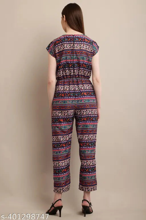 Multi floral print crepe jumpsuit for women & girls, vibrant summer fashion on model