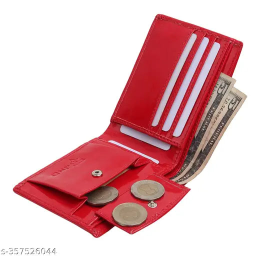 Red leather men's wallet, faux leather bi-fold design, 3 card slots, 2 currency pockets, secret compartments