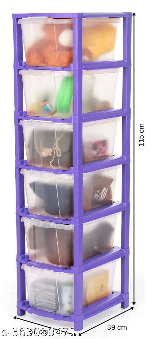 A six-tier drawer organizer with a transparent purple frame, suitable for storing sarees, dresses, kids clothes, toys, books, files, shoes, and socks