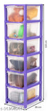 A six-tier drawer organizer with a transparent purple frame, suitable for storing sarees, dresses, kids clothes, toys, books, files, shoes, and socks