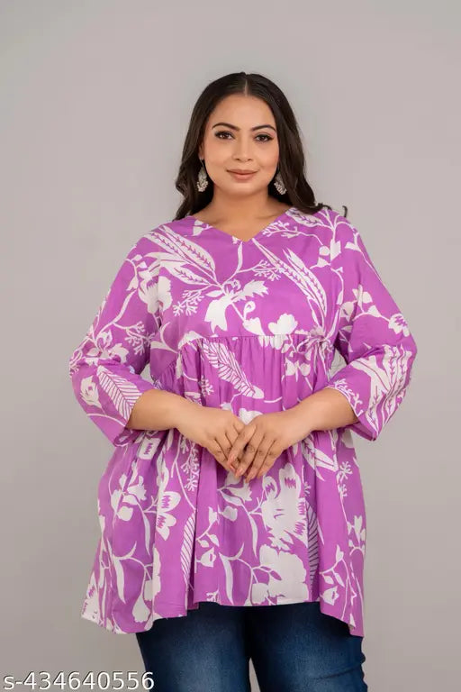 Purple plus size rayon short kurti, printed with trendy design, India origin
