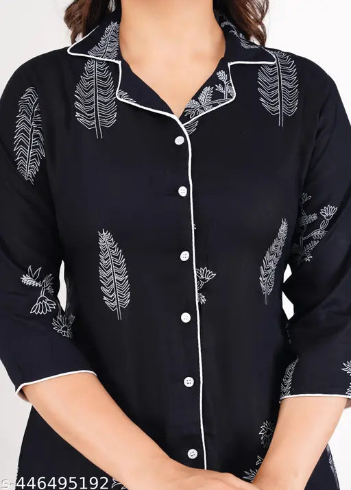 Printed rayon night suit for women, three-quarter sleeves, size L (Bust 40in, Waist 29in, Length 38in), Indian-made nightwear on hanger