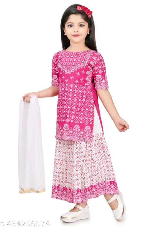 Stylish pink rayon dress set (PINK) for girls: cute, printed, three-quarter sleeve kurtas, frocks, bottomwear & net dupatta