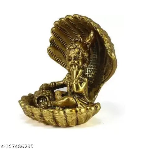 Golden Krishna Idol with Sheshnag Ladoo, intricately carved white metal decorative showpiece, 10cm x 10cm x 10cm