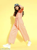 Orange polyester basic jumpsuit, solid design, short sleeves, belted. Style Quotient product from India