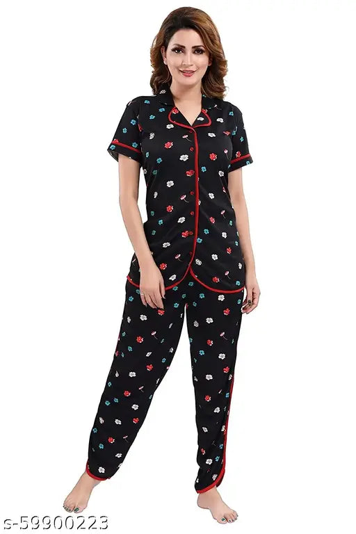 Black polyester knit set, TUCUTE Women's flower printed Sarina shirt & pyjama night suit (5159), short sleeves, India origin