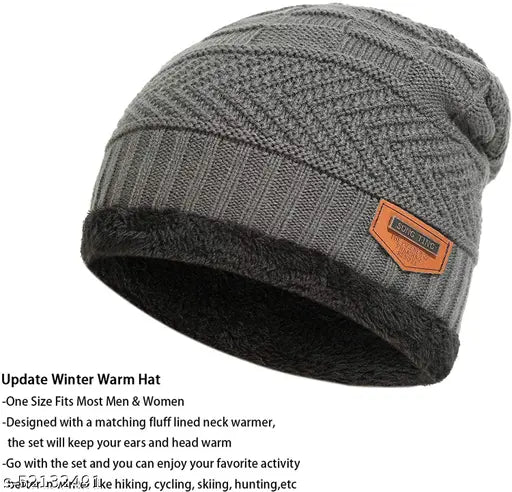 Grey knitted winter beanie cap & neck warmer set, thick fleece lined with premium quality stretchy acrylic