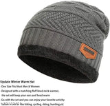 Grey knitted winter beanie cap & neck warmer set, thick fleece lined with premium quality stretchy acrylic