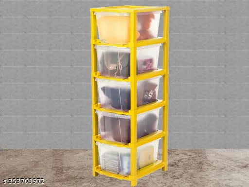 A transparent plastic drawer storage organizer system for home kitchen use, in a 5x1 yellow frame