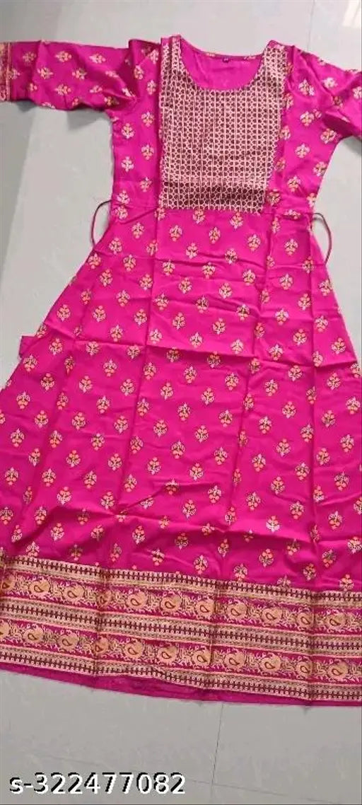Pink rayon Anarkali kurti, three-quarter sleeve, printed combo. Women's fashion, Janki design, Jaipur style