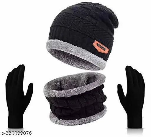 Unisex wool winter wear: Beanie, scarf, muffler & gloves combo - warm, stretchable, skin-friendly, perfect for outdoor activities