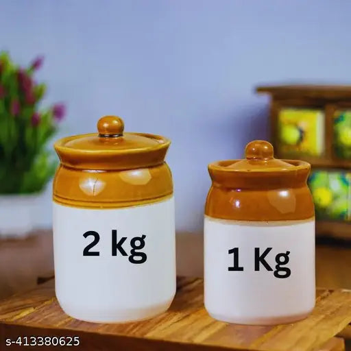 2 Kg & 1 Kg Ceramic Brown Jar Set | Achar Barni | Ceramic Pickle Jar 2000 gm | Ceramic Martban (2 kg & 1 kg Jar - Set of 2)