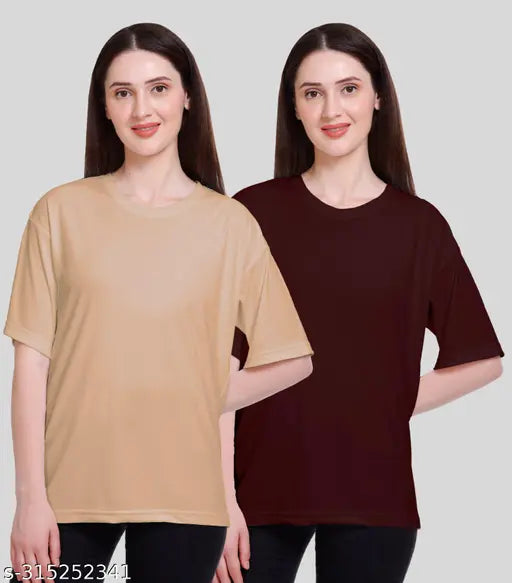 Poly cotton blend half sleeve oversized drop shoulder sports casual wear T-shirt for women and girls, pack of 2