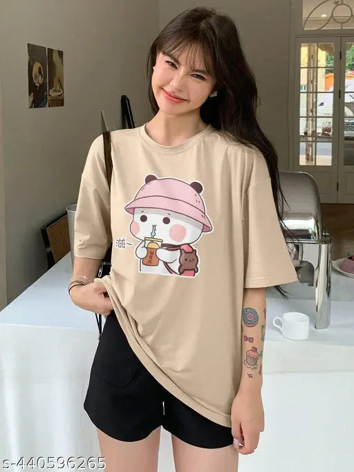 Tan cotton t-shirt with oversized animal print graphic