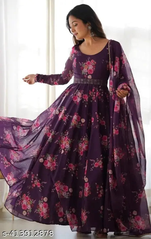 Georgette Leheriya print Bollywood-style maxi dress with duppatta and belt, suitable for parties, weddings, or casual occasions. Indian traditional long kurta set with three-quarter sleeves, perfect for summer wear and beach events