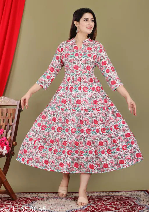 White cotton Anarkali printed kurti for women, three-quarter sleeves, Indian traditional wear