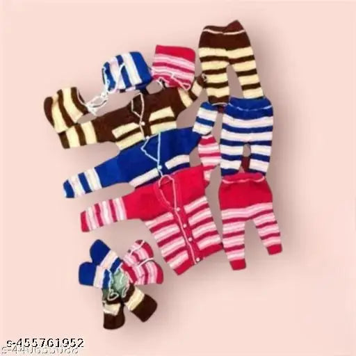 Soft striped woolen winter combo (cap, sweater, pyjamas, socks) - warm and lightweight kids wear for 0-3 months, Indian origin