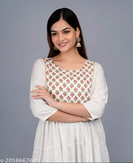 Rayon three-quarter sleeve Anarkali Kurta with printed border design, suitable for functions, festivals, parties and weddings. Dhanvika women's size S to 4XL. Indian-made fashionable and comfortable wear