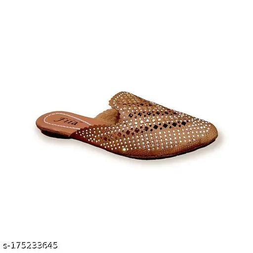 Tan embellished Swarovski bellies ballerinas, synthetic slip-on flats from FiiA, India