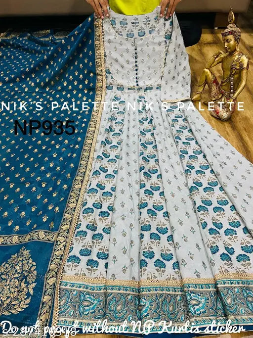 Anarkali kurta with dupatta, large size, 16 yards, royal blue with gold embroidery, fashionable, festive wear for women