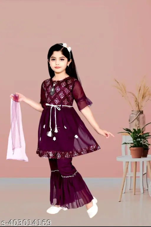 Chiffon anarkali sharara set with dupatta, girls ethnic plazo top in maroon and dark blue, embellished sleeve length: three-quarter, comfortable for summer parties, Indian origin