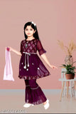 Chiffon anarkali sharara set with dupatta, girls ethnic plazo top in maroon and dark blue, embellished sleeve length: three-quarter, comfortable for summer parties, Indian origin