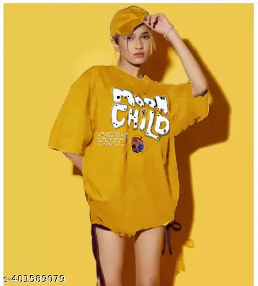 Yellow oversized t-shirt with 'Fabriccotton' and 'biowash' text, casual wear