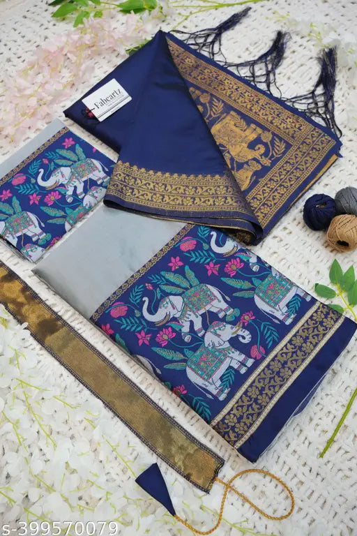 South Indian style unstitched half saree in art silk, featuring a solid litchi silk zari work choli and dupatta with matching tussles and belt, ready to ship from India
