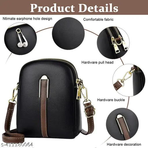 Black, crossbody phone bag, detachable belt, zipper pouch