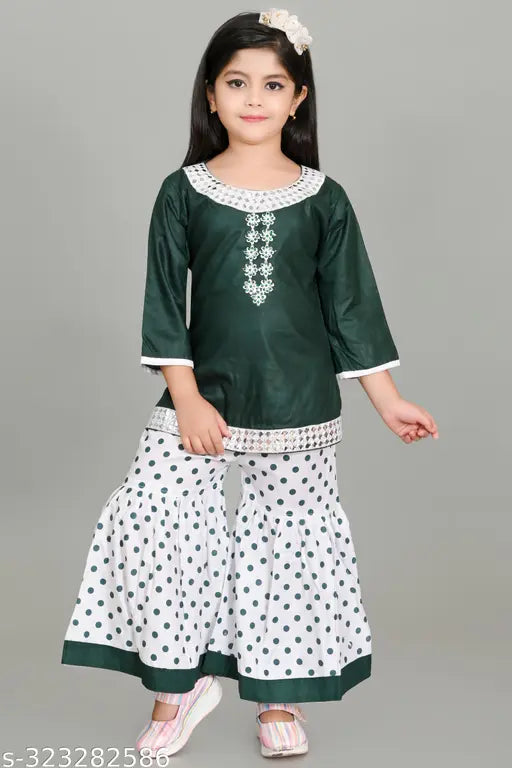 Cotton kurta set with sharara palazzo, embellished A-line design for girls (sizes: 5-6, 6-7, 7-8, 8-9, 9-10). Made in India