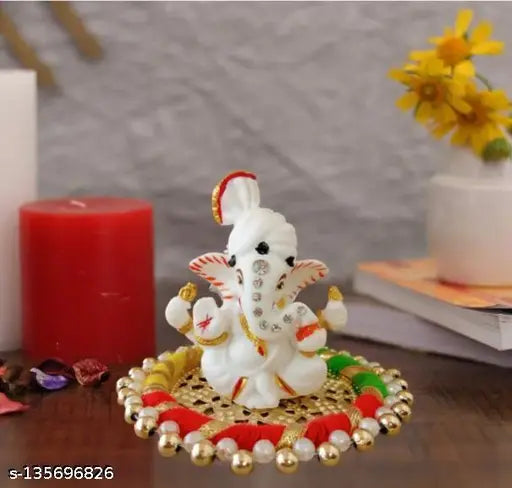 Multicolor, antique-finish, marble powder crafted Lord Ganesh statue, intricate details, decorative showpiece, Hindu home decor, India