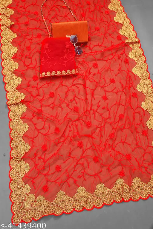 Indian net saree ensemble with embroidered satin blouse, free size (5.5m/0.8m)