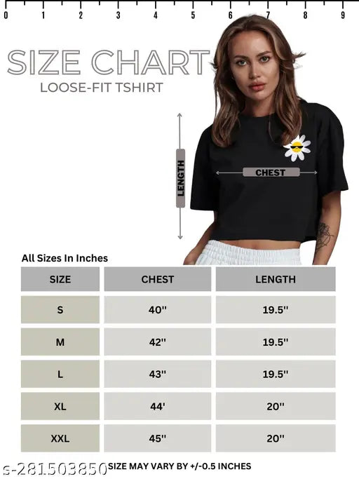 Black cotton blend oversized crop t-shirt with smart flower print for women's & girls, loose fit, round neck, half sleeves