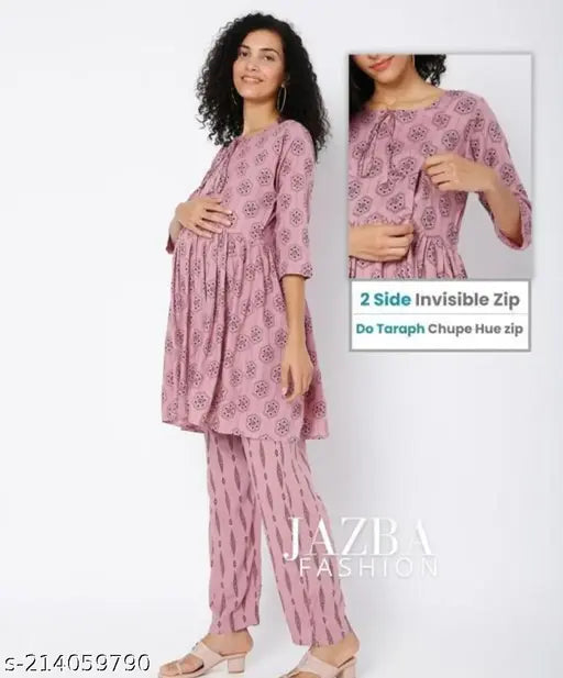 Maternity rayon night suit & printed net dresses set, short-sleeved pyjamas for nursing moms. India origin. (S: 36in, 45in; M: 38in, 46in; L: 40in, 47in; XL: 42in, 48in; XXL: 44in, 49in; XXXL: 46in, 50in)