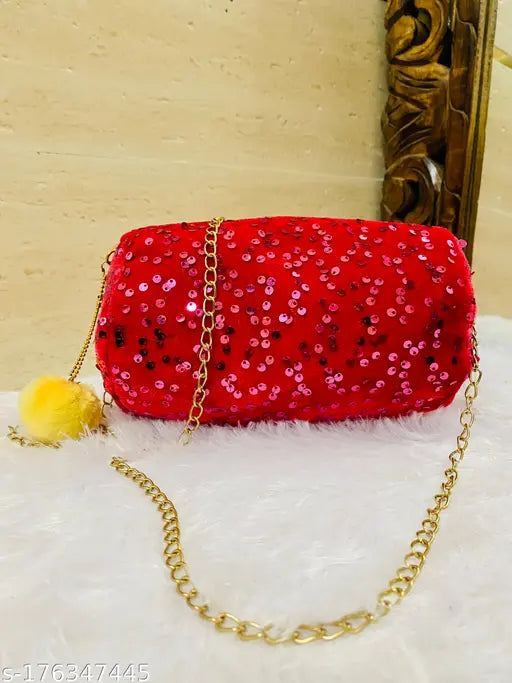 Red velvet sequined sling bag with gold chain