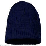 Blue woolen beanie cap, self-design pattern for men and women, stylish knitwear from SLIMSHINE, India