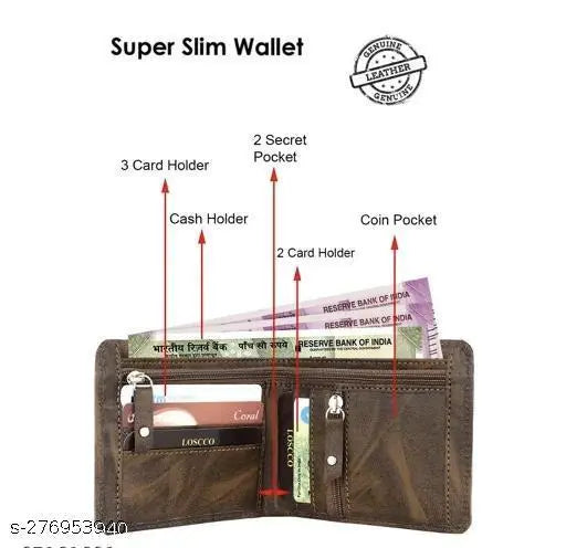 Brown faux leather bi-fold wallet, trendy men's card and money organizer. Features 4 card slots, chain pocket, secret slots, currency compartments, and flip ID." (119 characters)